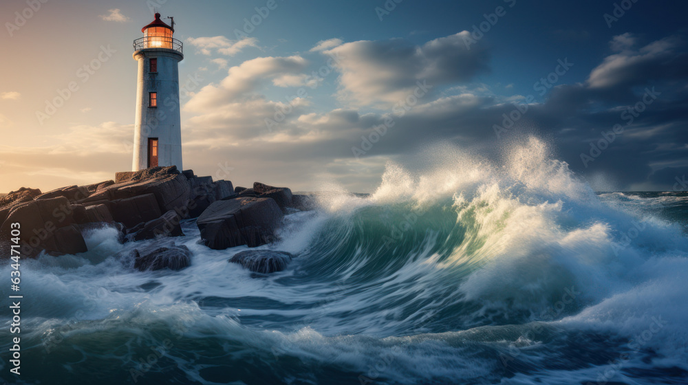 Guiding Light concept, A lighthouse beaming across rough waters, representing guidance and hope