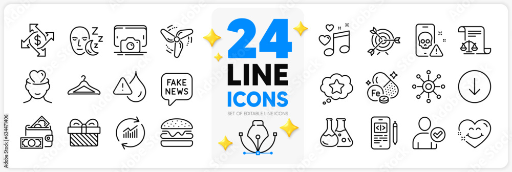 Icons set of Loyalty star, Iron and Legal documents line icons pack for app with Scroll down, Love music, Chemistry lab thin outline icon. Phone code, Sleep, Wind energy pictogram. Vector