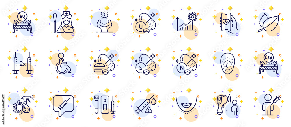 Outline set of Overeating pills, Coronavirus statistics and Vaccine attention line icons for web app. Include Electronic thermometer, Nurse, Difficult stress pictogram icons. Disability. Vector Outline set of Overeating pills, Coronavirus statistics and Vaccine attention line icons for web app. Include Electronic thermometer, Nurse, Difficult stress pictogram icons. Disability. Vector
