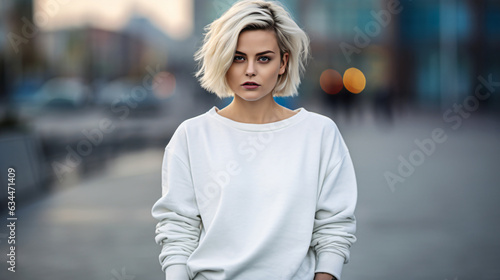  portrait of an pretty female in her 30s with short blond hair outdoor