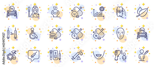 Outline set of Overeating pills, Coronavirus statistics and Vaccine attention line icons for web app. Include Electronic thermometer, Nurse, Difficult stress pictogram icons. Disability. Vector