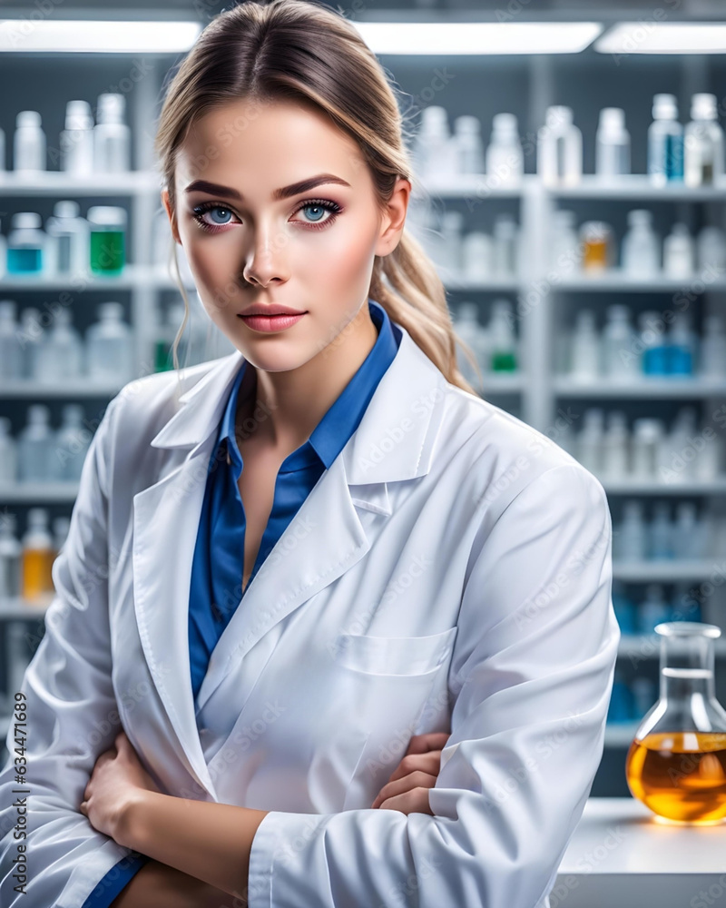 portrait of a female chemical laboratory assistant in a laboratory - generative ai