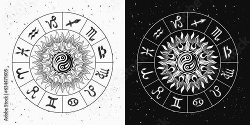 Horoscope wheel with zodiac signs, sun with yin yang symbol in centre. Mystical astrological illustration in vintage style.
