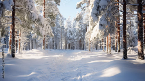 Snow-covered pine trees in a winter forest 