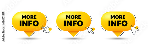 More info tag. Click here buttons. Navigation sign. Read description symbol. More info speech bubble chat message. Talk box infographics. Vector