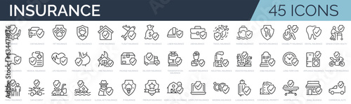 Set of 45 outline icons related to insurance. Linear icon collection. Editable stroke. Vector illustration