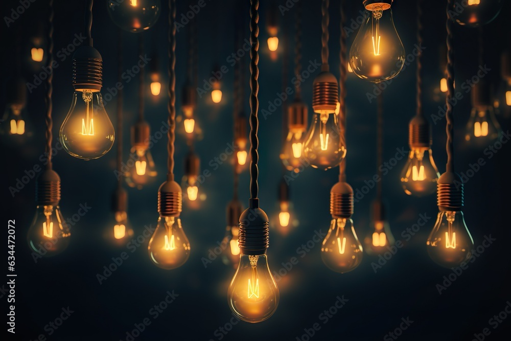 A group of Multiple retro-style light bulbs in a dark room, casting a nostalgic glow. They create a captivating vintage ambiance. Idea concept. Teamwork | Generative AI A group of Multiple retro-style light bulbs in a dark room, casting a nostalgic glow. They create a captivating vintage ambiance. Idea concept. Teamwork | Generative AI
