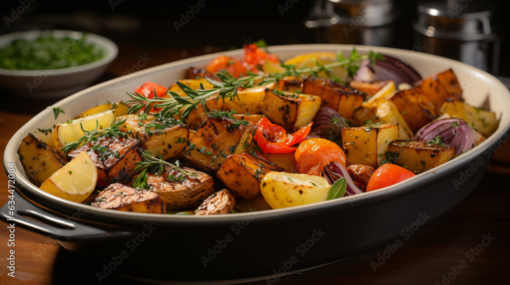 roasted vegetable dish in a casserole dish for vegetarian