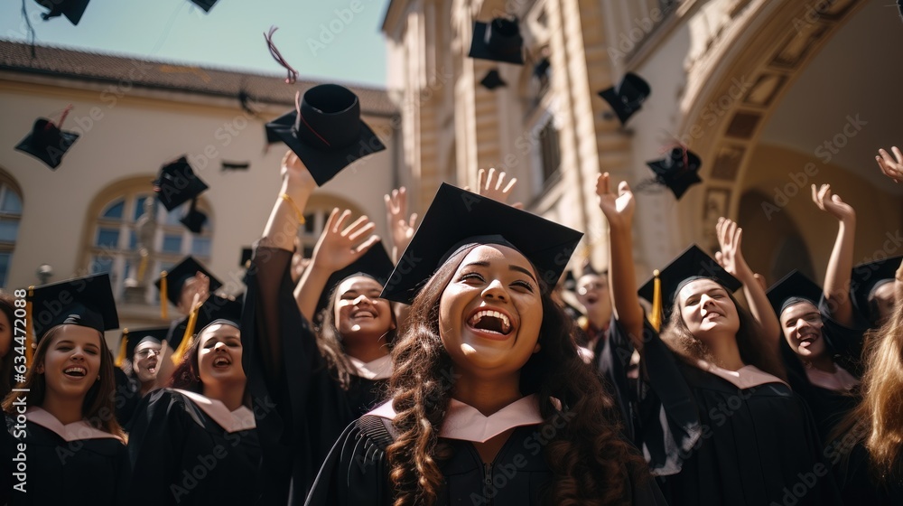Multi-racial high school students graduating university smiling holding diploma, Generative AI
