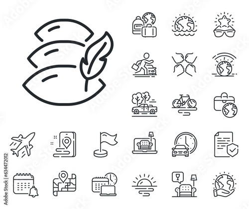 Sleep comfort sign. Plane jet, travel map and baggage claim outline icons. Pillow line icon. Night cushion symbol. Pillow line sign. Car rental, taxi transport icon. Place location. Vector