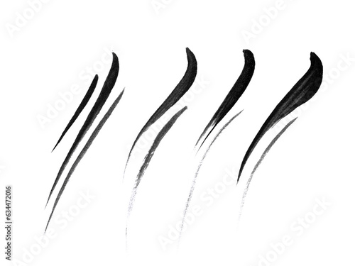 Black liquid eyeliner strokes isolated on white background. Cosmetic eye pencil product texture swatch
