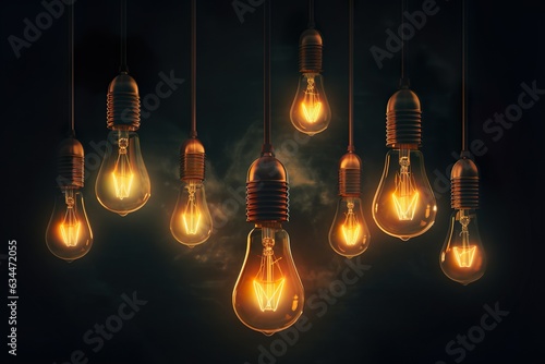 A group of Multiple retro-style light bulbs in a dark room, casting a nostalgic glow. They create a captivating vintage ambiance. Idea concept. Teamwork | Generative AI