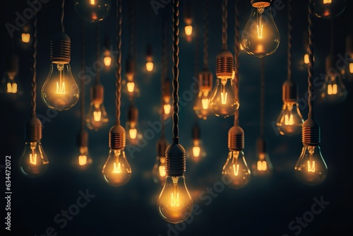 A group of Multiple retro-style light bulbs in a dark room, casting a nostalgic glow. They create a captivating vintage ambiance. Idea concept. Teamwork | Generative AI