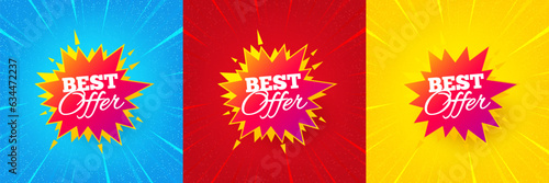Best offer sticker. Sunburst offer banner, flyer or poster. Discount banner shape. Sale coupon bubble icon. Best offer promo event banner. Starburst pop art coupon. Special deal. Vector