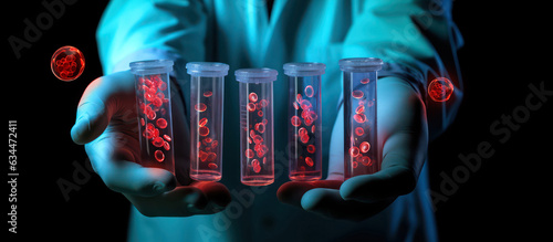 scientist holding medical testing tubes or vials of medical pharmaceutical research with blood plasma cells and virus cure using DNA genome sequencing biotechnology as wide banner hologram photo