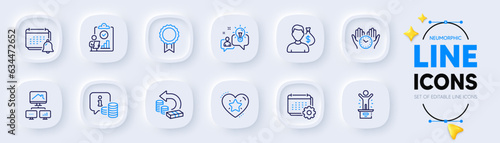 Salary, Cash back and Calendar line icons for web app. Pack of Notification, Work home, Winner podium pictogram icons. Safe time, Info, Inspect signs. Idea, Ranking star, Reward. Wages. Vector