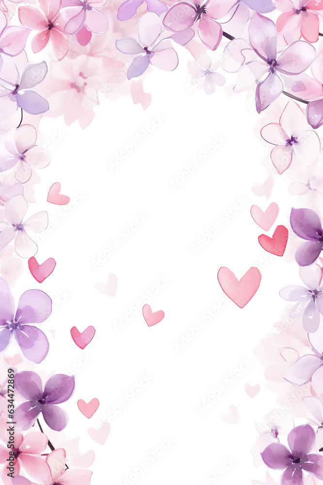 Purple flowers and hearts with copy space