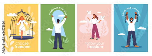 Freedom inscriptions cards. People released from cell. Man finding freedom and lightness. Woman getting out of cage. Breaking chains. Free dove. Motivational posters. Garish vector set