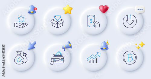 Loyalty points, Demand curve and Receive money line icons. Buttons with 3d bell, chat speech, cursor. Pack of Armed robbery, Loyalty program, Donation icon. Download arrow, Bitcoin pictogram. Vector