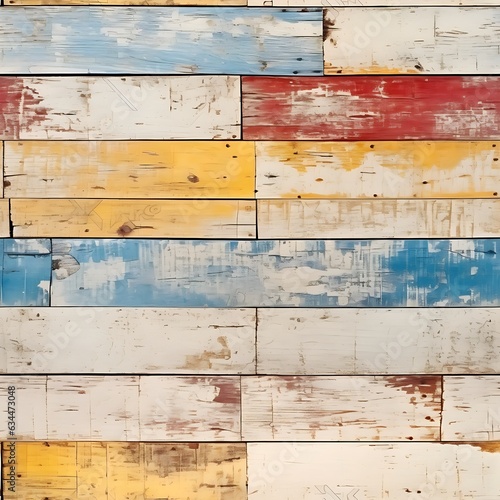 Texture of vintage wood boards with cracked paint of white, red, yellow and blue color. Horizontal retro background with wooden planks of different colors