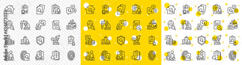 Quality research, Testing and Safety check icons. Inspection line icons. Microscope analysis, quality control and house verification. Inspect risk, safety research and fingerprint check. Vector