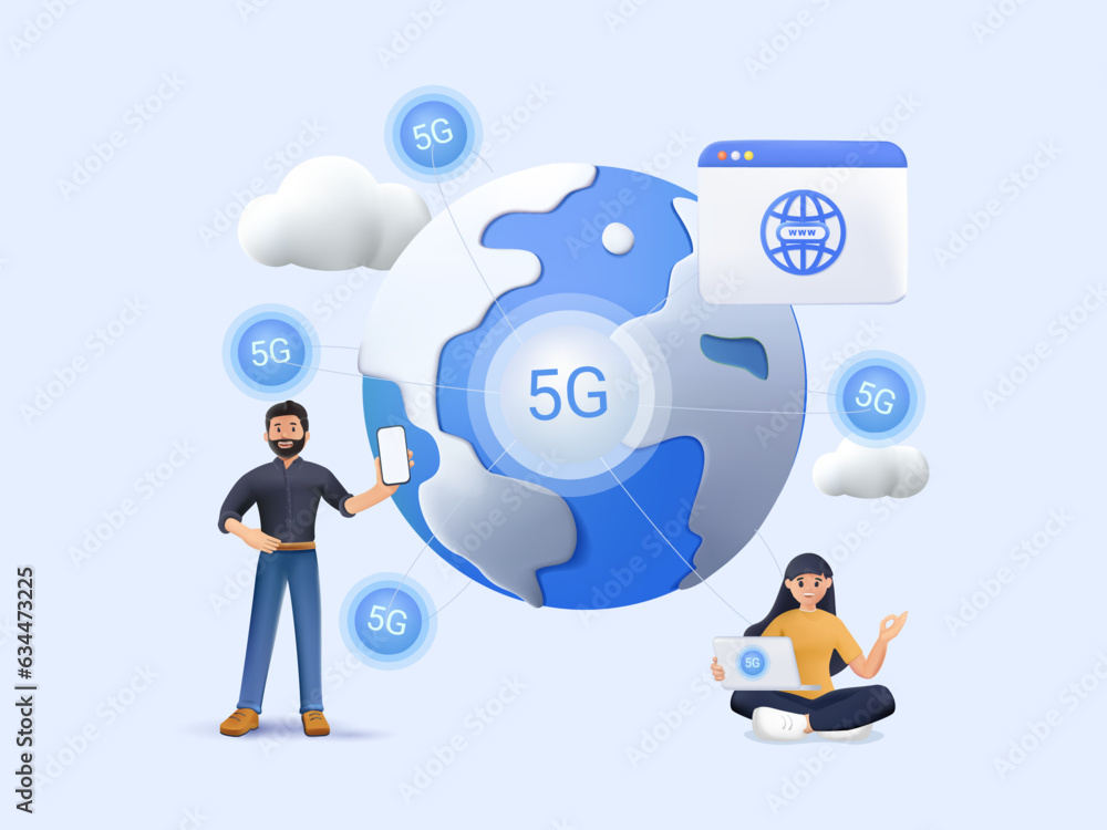3D Concept high speed internet 5G. Smartphone wireless technology, wifi connection. 3D cartoon tiny people workers with mobile phones and laptop, innovative generation vector illustration 3D Concept high speed internet 5G. Smartphone wireless technology, wifi connection. 3D cartoon tiny people workers with mobile phones and laptop, innovative generation vector illustration