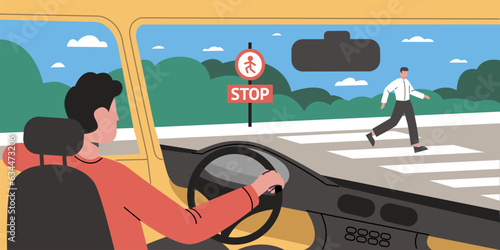 Guy drives car. Cartoon driver in car passes pedestrian. Man crosses road. Compliance with auto traffic rules. Vehicle stops at crosswalk. Transportation by automobile. Vector concept
