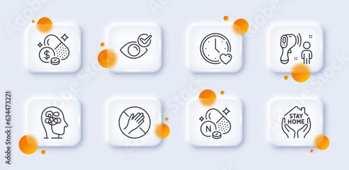Dating, Dont touch and Stay home line icons pack. 3d glass buttons with blurred circles. Vitamin n, Electronic thermometer, Stress web icon. Check eye, Medicine price pictogram. Vector