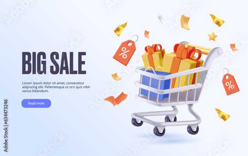 Big Sale banner 3D design. Online shopping advertisement, banner. Full shopping cart with products and presents. Concept of great discount. Black friday anniversary website design. 3D vector render
