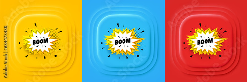 Boom sale sticker. Neumorphic offer banner, flyer or poster. Discount banner shape. Coupon bubble icon. Boom sale promo event banner. 3d square buttons. Special deal coupon. Vector