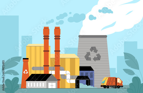 Incineration plant. Waste factory. Trash transportation and recycling. Garbage truck. Rubbish disposal. Smoke pipes. Nature pollution. Industrial production building. Vector concept