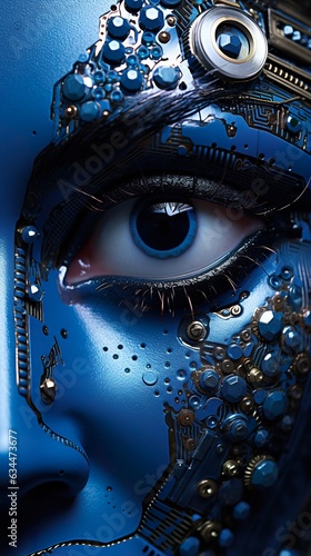 blue female futuristic face  alien or goddess  robotic cyborg concept  generative AI