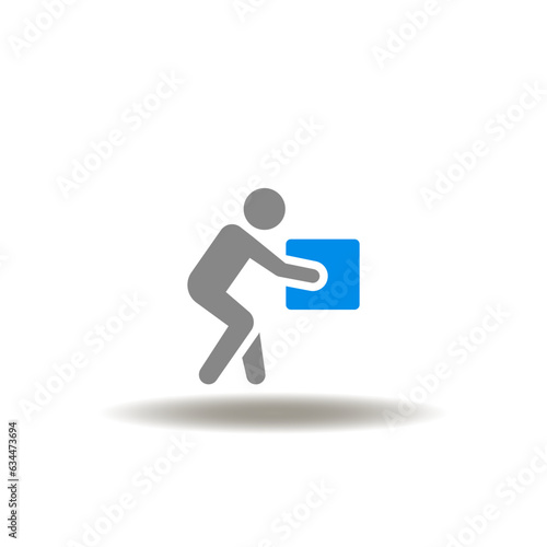 Vector illustration of worker or person picks up or puts down box. Symbol of manual handling. Icon of loader work.