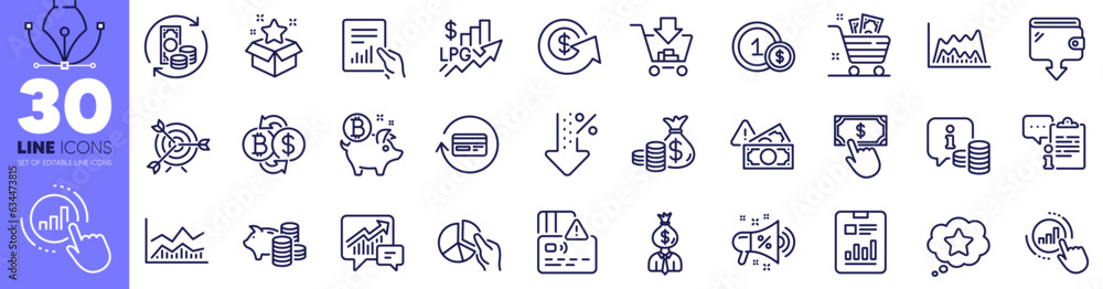 Graph chart, Payment click and Document line icons pack. Report document, Card, Manager web icon. Dollar exchange, Target, Bitcoin coin pictogram. Trade chart, Clipboard, Wallet. Vector Graph chart, Payment click and Document line icons pack. Report document, Card, Manager web icon. Dollar exchange, Target, Bitcoin coin pictogram. Trade chart, Clipboard, Wallet. Vector