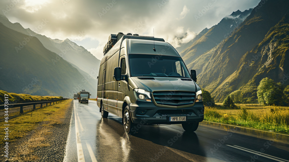 van on street driving through mountain landscapes 