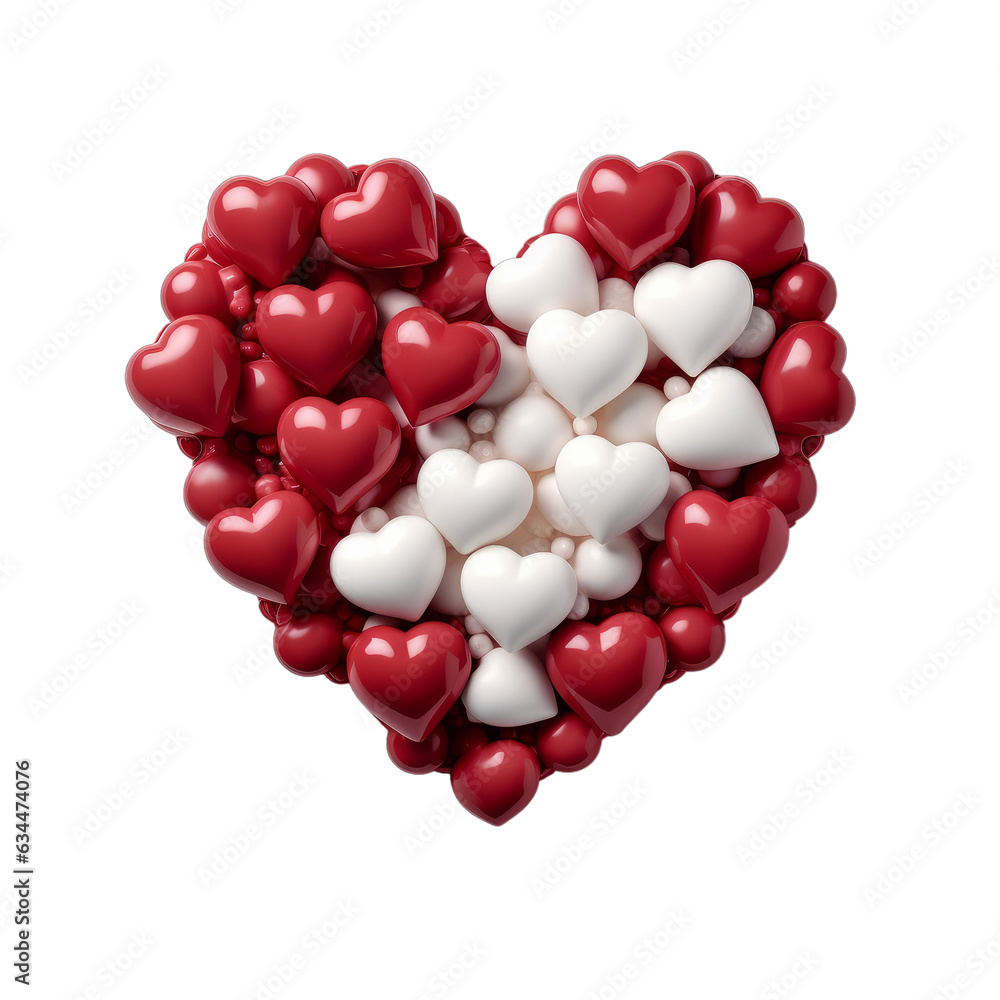 A heart made of small white and red 3D heart balloons isolated on a transparent background A heart made of small white and red 3D heart balloons isolated on a transparent background