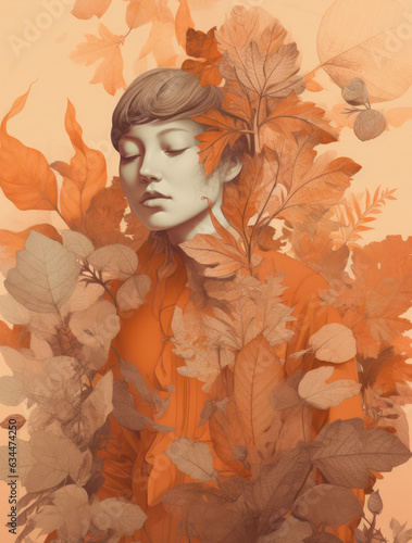 Mystical Poster with a girl in orange tones. Generative AI