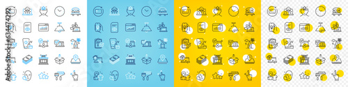Vector icons set of View document, Send box and Work home line icons pack for web with Ceiling lamp, Sunscreen, Online access outline icon. Teamwork, Online survey, Alcohol addiction pictogram. Vector