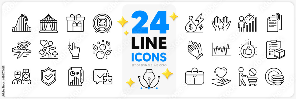 Icons set of Puzzle, Metro subway and Handbag line icons pack for app with Patient, Doctor, Wash hands thin outline icon. Circus tent, Report document, Business statistics pictogram. Vector