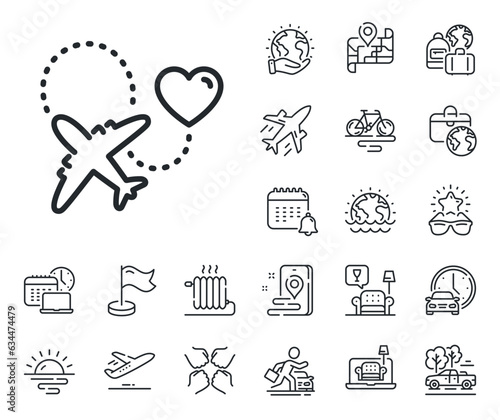 Love trip sign. Plane jet, travel map and baggage claim outline icons. Honeymoon travel line icon. Valentines day flight symbol. Honeymoon travel line sign. Car rental, taxi transport icon. Vector