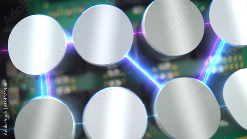 Close-up Shot Of A Soldered Capacitors To A Motherboard With Animated Visual Digital Lines