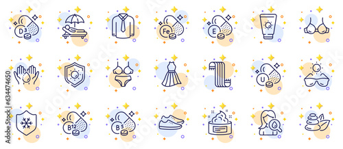 Outline set of Dress, Shirt and Shoes line icons for web app. Include Sunglasses, Moisturizing cream, Sun protection pictogram icons. Bra, Pantothenic acid, Sunscreen signs. Vitamin u. Vector
