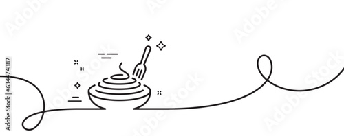 Pasta dish line icon. Continuous one line with curl. Plate with macaroni sign. Food bowl with fork symbol. Pasta dish single outline ribbon. Loop curve pattern. Vector