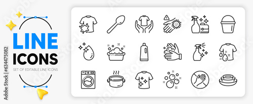 Cleanser spray, Wash hands and Shampoo line icons set for app include Saucepan, Bucket, Wash hand outline thin icon. Washing cleanser, Hand washing, Dont touch pictogram icon. Vector