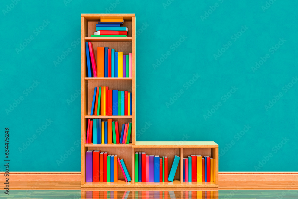 Letter L in the form of shelves with books in the room near wall, 3D rendering Letter L in the form of shelves with books in the room near wall, 3D rendering