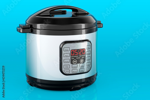 Automatic Multicooker on blue background, 3D rendering