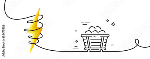 Coal trolley line icon. Continuous one line with curl. Mine wagon sign. Stone or Rock cart symbol. Coal trolley single outline ribbon. Loop curve with energy. Vector