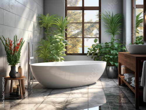 Interior of modern bathroom with tiled floor, bathtub and plants. Generative AI © Who is Danny