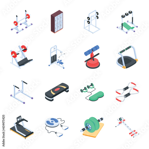 Trendy Set of Exercise Tools Isometric Icons 

