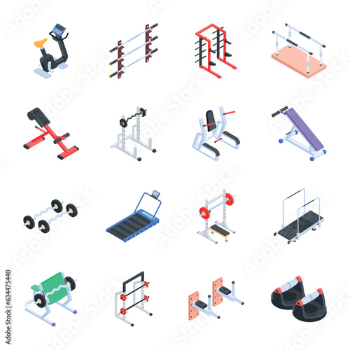 Modern Collection of Gym Tools Isometric Icons 

